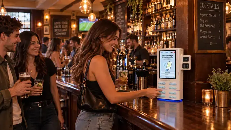Customer renting a Loop power bank at a busy pub bar